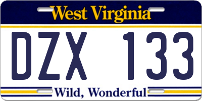 WV license plate DZX133