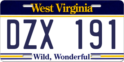 WV license plate DZX191