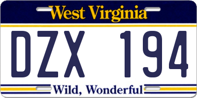 WV license plate DZX194