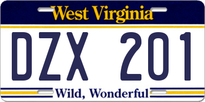 WV license plate DZX201