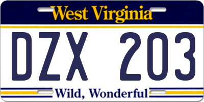 WV license plate DZX203