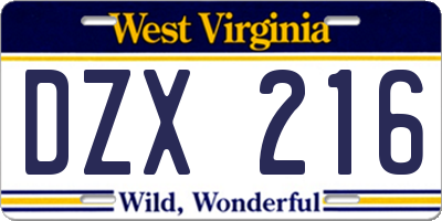 WV license plate DZX216