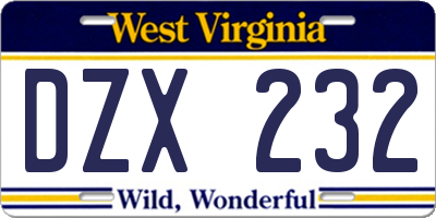 WV license plate DZX232