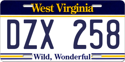 WV license plate DZX258