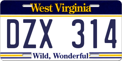 WV license plate DZX314