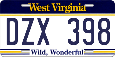 WV license plate DZX398