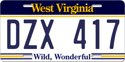 WV license plate DZX417