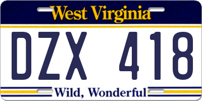 WV license plate DZX418