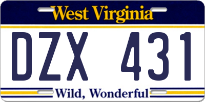 WV license plate DZX431