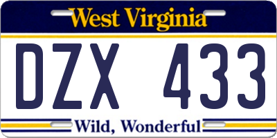 WV license plate DZX433