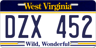 WV license plate DZX452