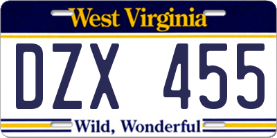 WV license plate DZX455