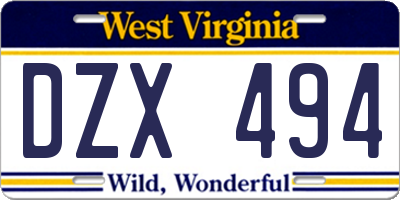 WV license plate DZX494