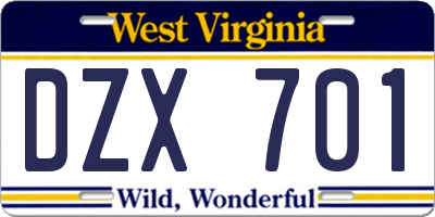 WV license plate DZX701