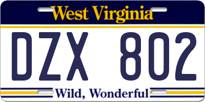WV license plate DZX802