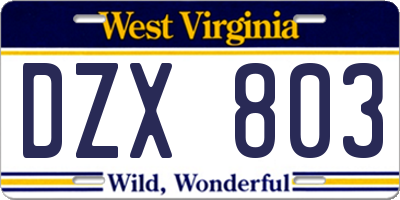 WV license plate DZX803