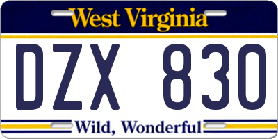 WV license plate DZX830