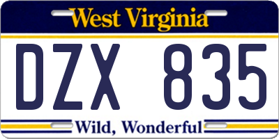 WV license plate DZX835