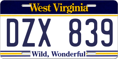 WV license plate DZX839