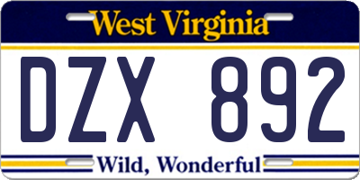 WV license plate DZX892