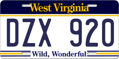 WV license plate DZX920