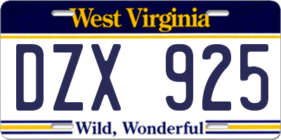 WV license plate DZX925
