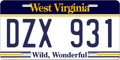 WV license plate DZX931