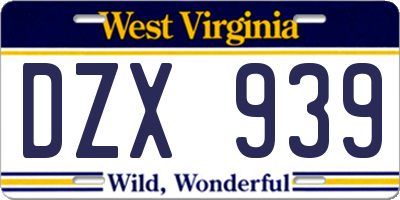 WV license plate DZX939