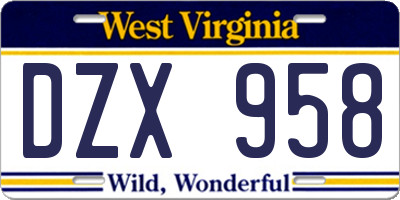 WV license plate DZX958