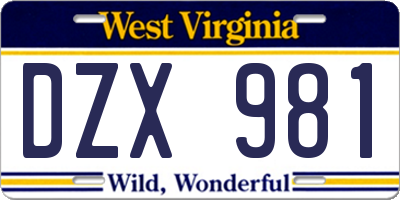 WV license plate DZX981