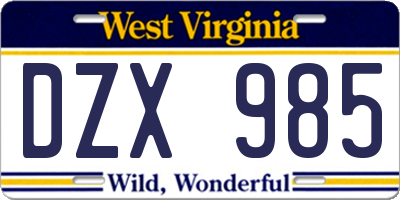 WV license plate DZX985