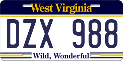 WV license plate DZX988