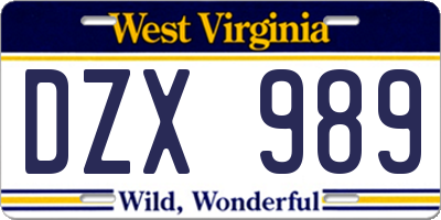 WV license plate DZX989