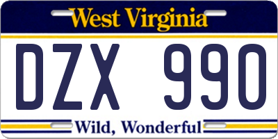 WV license plate DZX990