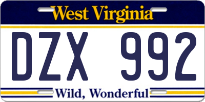 WV license plate DZX992
