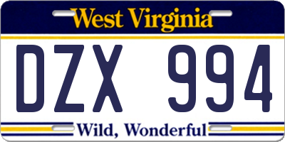WV license plate DZX994