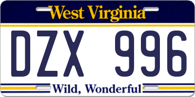 WV license plate DZX996
