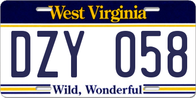 WV license plate DZY058