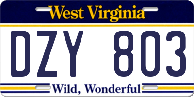 WV license plate DZY803