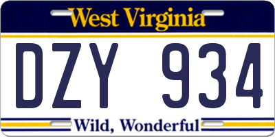 WV license plate DZY934