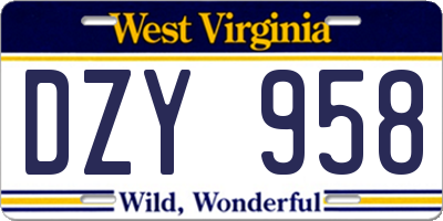 WV license plate DZY958