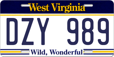 WV license plate DZY989