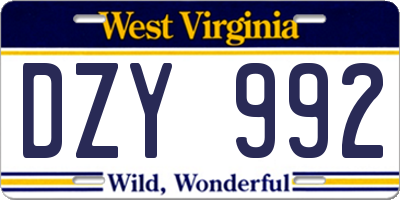 WV license plate DZY992