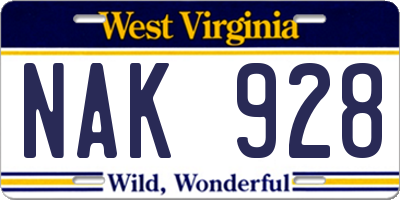 WV license plate NAK928
