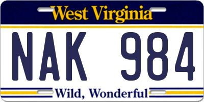 WV license plate NAK984