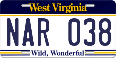 WV license plate NAR038