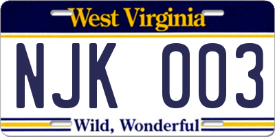 WV license plate NJK003