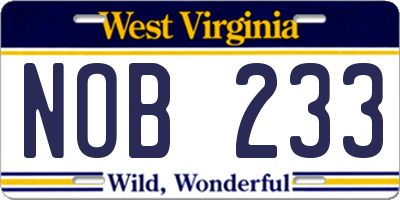 WV license plate NOB233