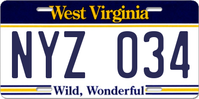 WV license plate NYZ034