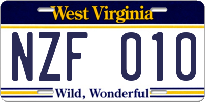WV license plate NZF010